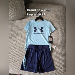 Under Armour Light Blue Tee with Navy Logo and Navy Shorts Set